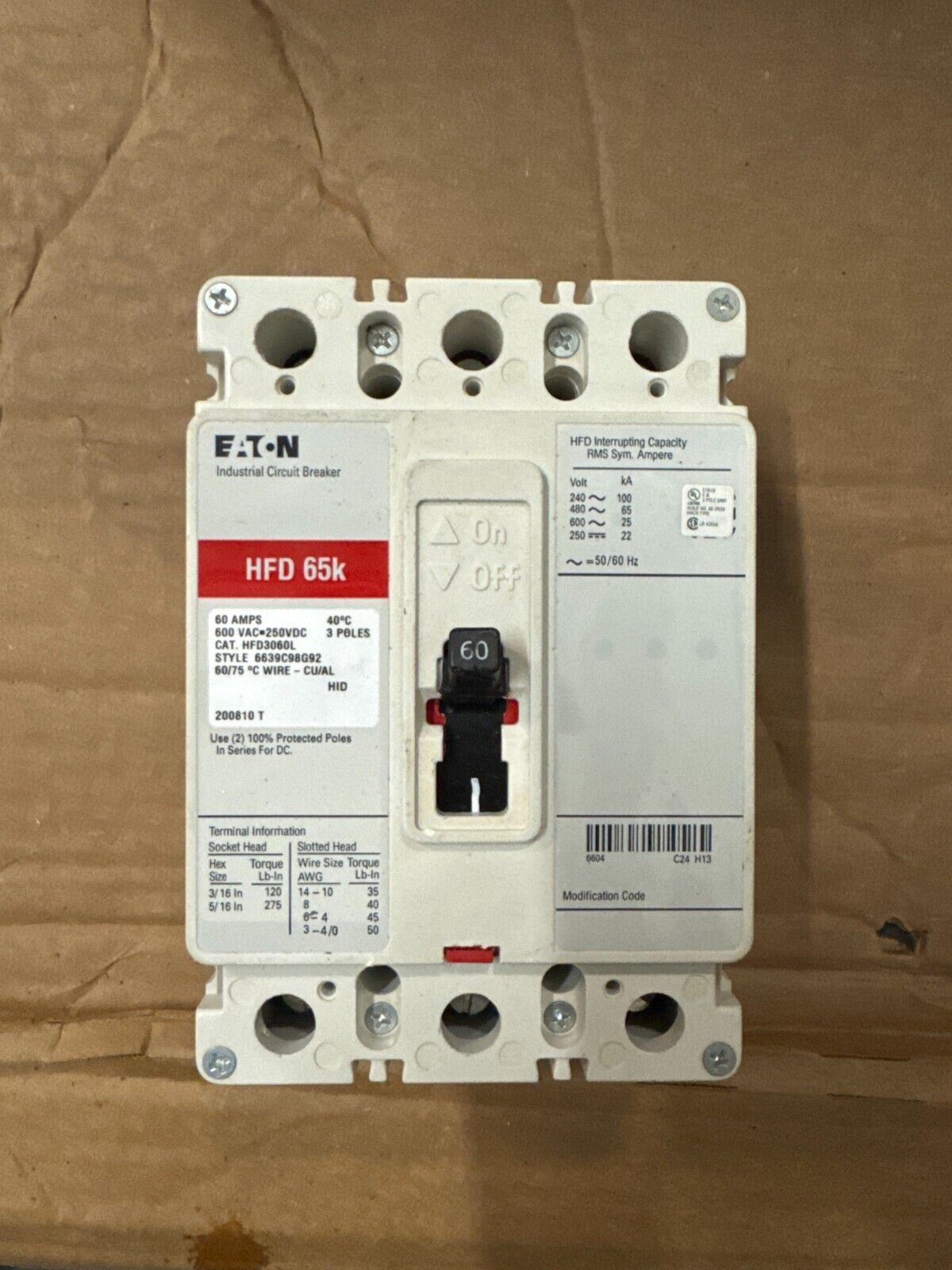 Eaton HFD3060L Circuit Breaker 3-Pole 60A 600Vac 250Vdc 50/60Hz, 100 kAIC@240Vac