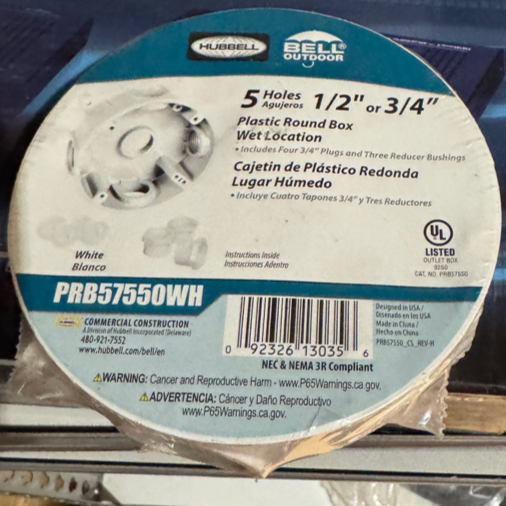 Hubbell PRB57550WH Plastic Round Box Wet Location 5 Holes 1/2" or 3/4" White