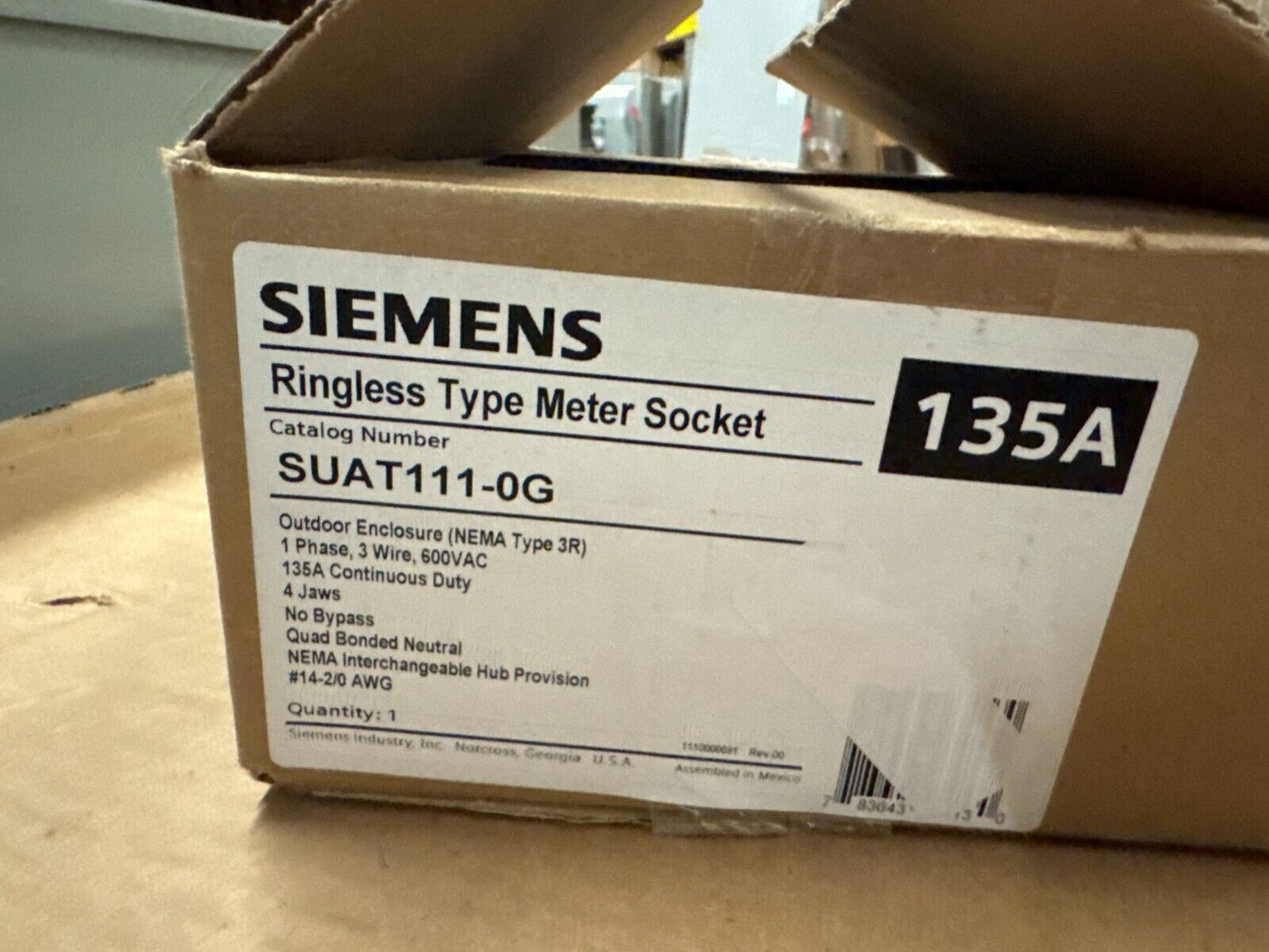 Siemens SUAT111-0G Meter Socket 4 Jaw Ringless Cover Overhead/Underground 135AMP