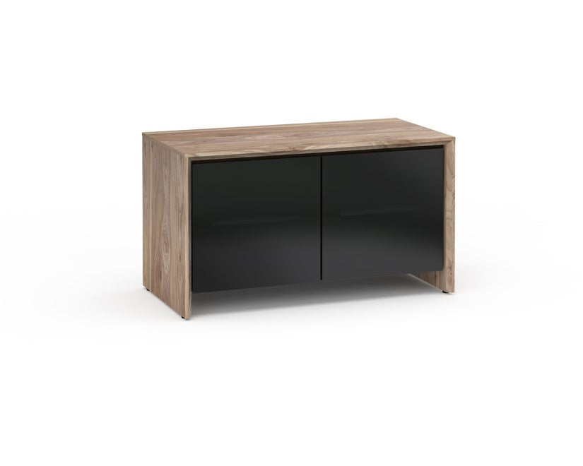 Salamander Designs Chameleon Collection Barcelona 221 Twin-Width AV Cabinet - Natural Walnut / Black Glass